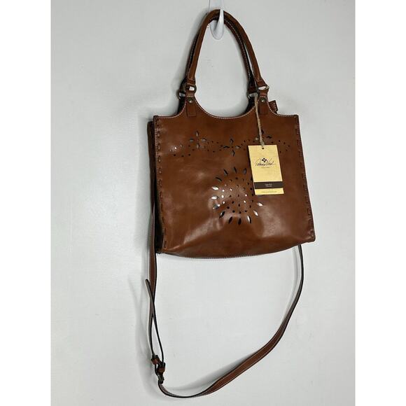 Patricia Nash Cognac Laser Cut Podesta Tooled Leather Satchel Hand Bag NEW - Picture 2 of 12
